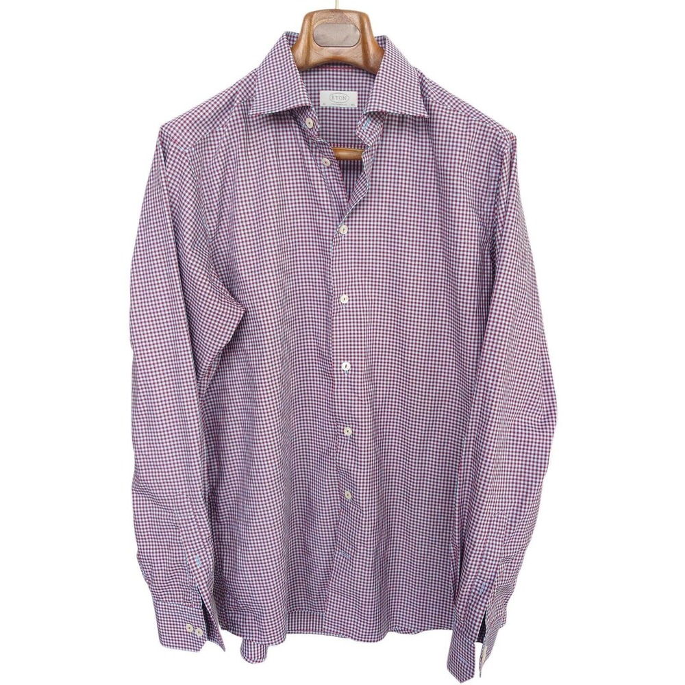 ETON Men's Contemporary Fit Button Down Shirt Burgundy Cyan Check 16.5 / 36